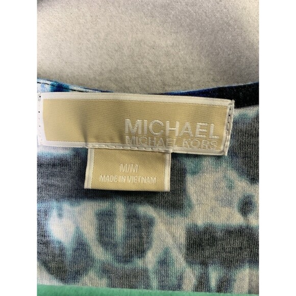 Michael Kors Dress Medium Blue Sleeveless V Neck Ruched Geometric Tie Dye Style - Picture 3 of 6